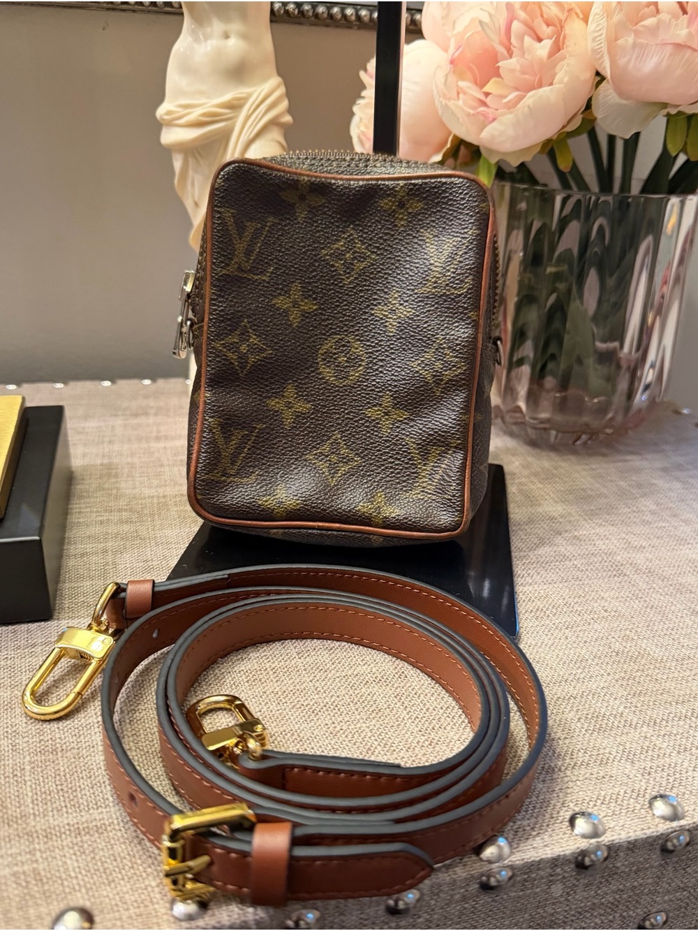 Louis Vuitton Brown Monogram Mini Danube Crossbody Pouch with Tan Trim - Picture 6 of 15
